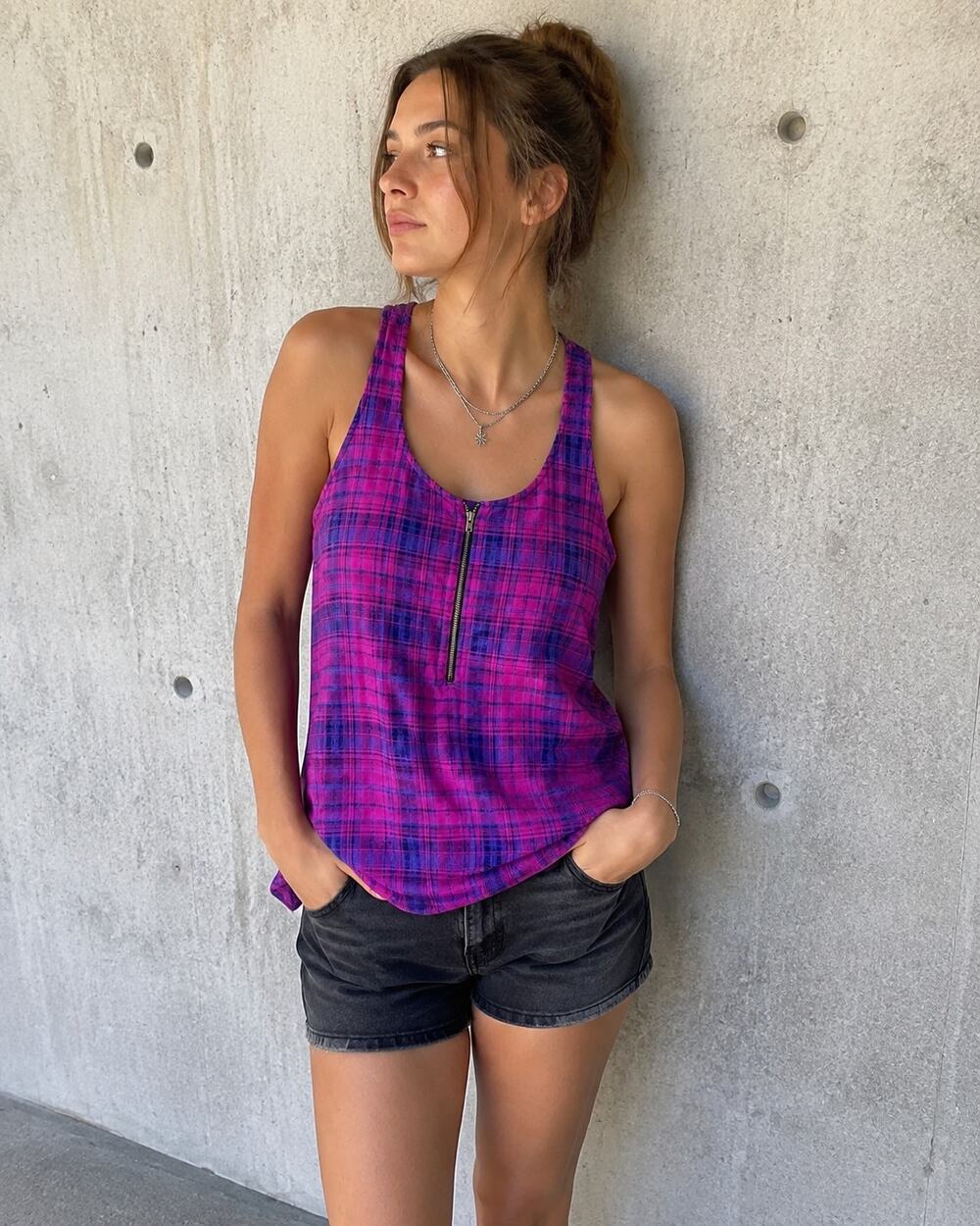 BDG Urban Outfitters Plaid Racerback Tank Top Pink Purple Zip Front Y2K SM
